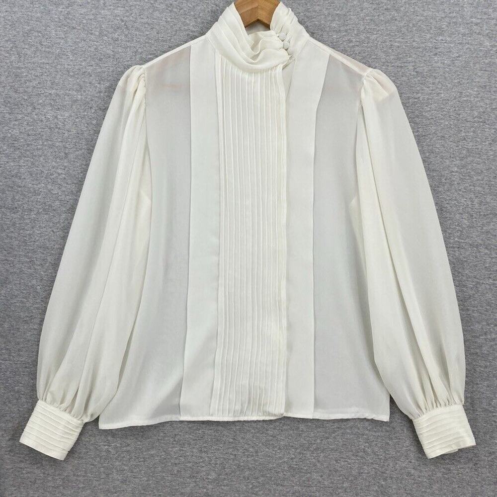 Vintage Chaus Blouse Womens 10 Ivory Sheer Pleated Front Long Sleeve Mock Neck